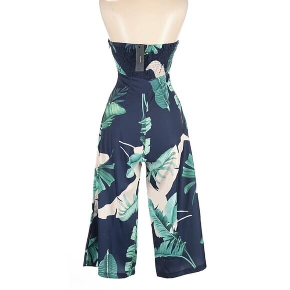 NWT Lulus Rainforest Blooms Navy Blue Print Strapless Midi Jumpsuit - Picture 3 of 6